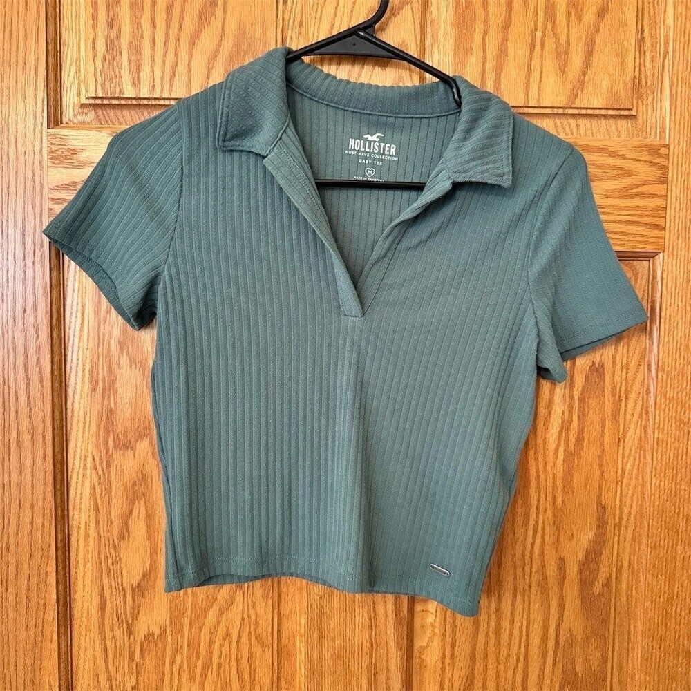 Hollister Womens Cropped Polo Top Green Ribbed Stretch Short Sleeve Size M